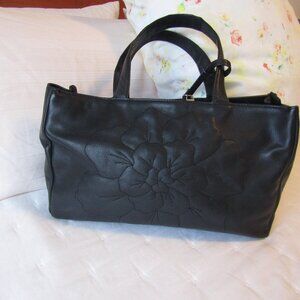Anne Fontaine "Parisa Baby" Black Floral Leather Purse Bag-Double Handles-Medium